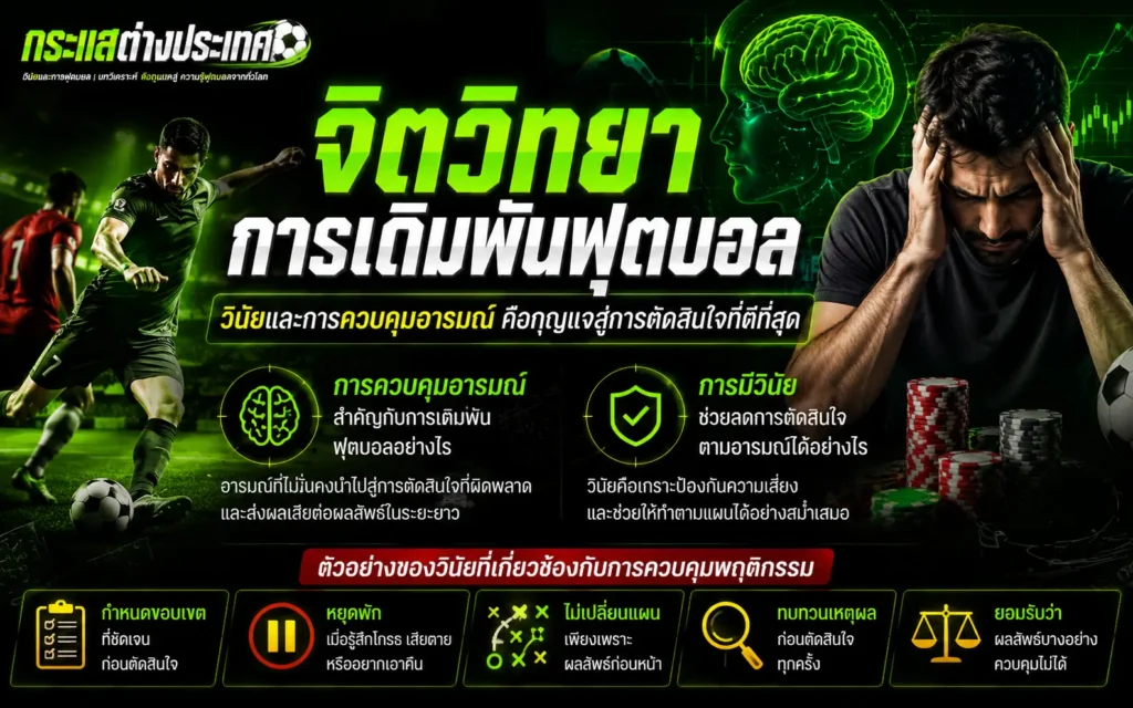 "จิตวิทยาการเดิมพันฟุตบอล" โดยเพจกระแสต่างประเทศ แสดงภาพเปรียบเทียบระหว่างนักเตะกำลังเลี้ยงบอลในสนาม และชายหนุ่มกุมขมับเครียดข้างกองชิปคาสิโน เคียงข้างข้อมูลความสำคัญของการมีวินัยและการควบคุมอารมณ์