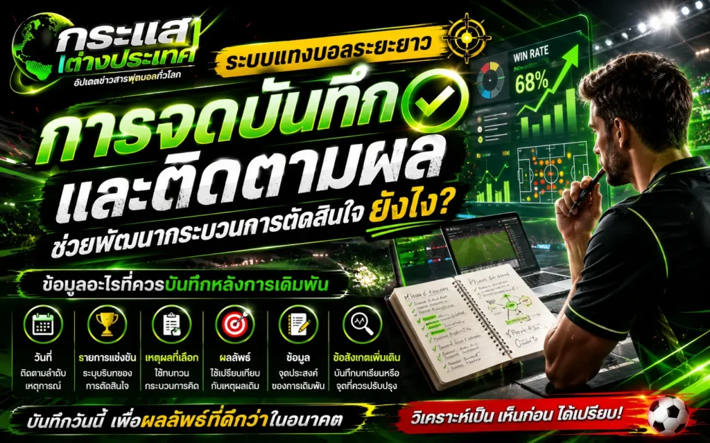 "การจดบันทึกและติดตามผล" โดยเพจกระแสต่างประเทศ แสดงภาพชายหนุ่มกำลังใช้ความคิดหน้าจอวิเคราะห์สถิติที่มีอัตรา WIN RATE 68% คู่กับสมุดบันทึกแบบอนาล็อก และแถบข้อมูล 6 หัวข้อที่ควรบันทึกหลังการเดิมพัน