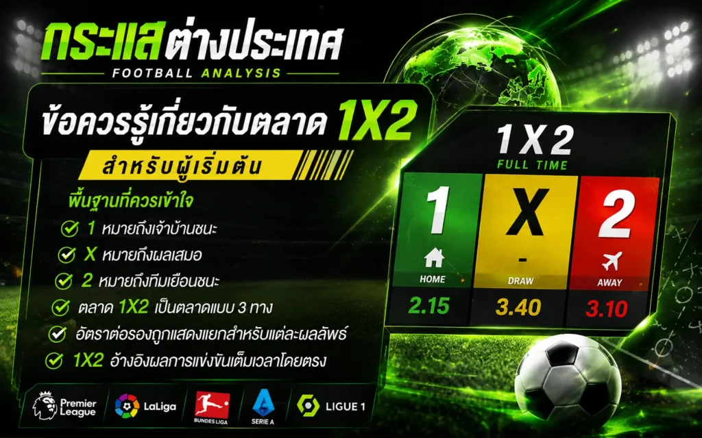 คู่มือแนะนำ "ข้อควรรู้เกี่ยวกับตลาด 1X2 สำหรับผู้เริ่มต้น" แจกแจงพื้นฐาน 6 ข้อสำคัญ พร้อมตารางแสดงค่าน้ำ 1X2 FULL TIME โดยเพจกระแสต่างประเทศ ตกแต่งด้วยโลโก้ 5 ลีกดังยุโรปและลูกฟุตบอลบนพื้นสนามหญ้า