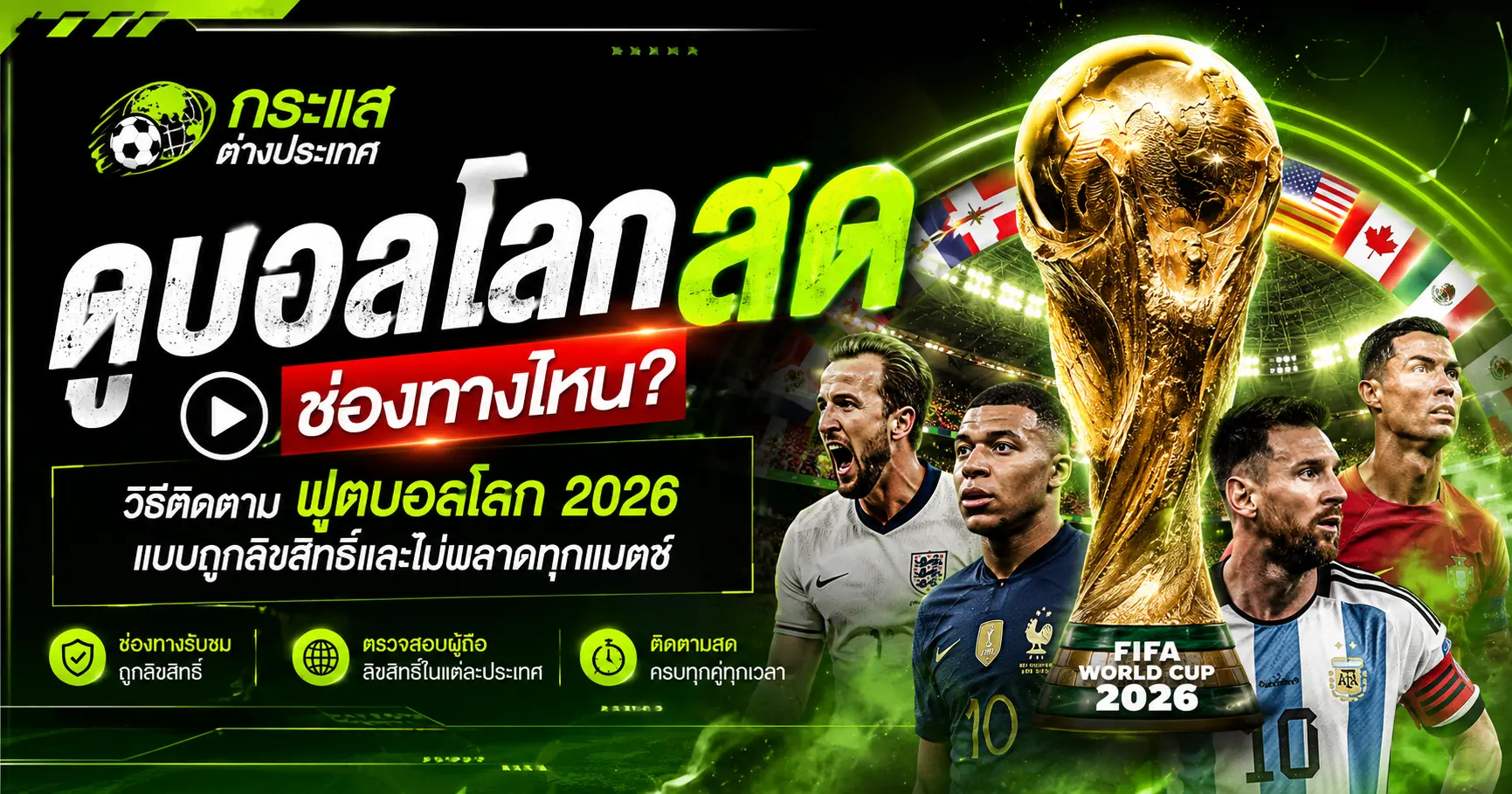 แนะนำช่องทางการดูบอลโลกสด วิธีติดตามฟุตบอลโลก 2026 แบบถูกลิขสิทธิ์ และการตรวจสอบผู้ถือลิขสิทธิ์ในแต่ละประเทศ