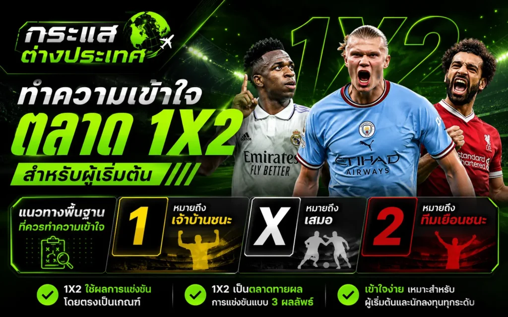 "ทำความเข้าใจตลาด 1X2 สำหรับผู้เริ่มต้น" อธิบายสัญลักษณ์พื้นฐาน เลข 1 (เจ้าบ้านชนะ), X (เสมอ), เลข 2 (ทีมเยือนชนะ) พร้อมภาพไดคัท 3 นักฟุตบอลซูเปอร์สตาร์ชื่อดัง (วินิซิอุส จูเนียร์, เออร์ลิง ฮาลันด์, โมฮาเหม็ด ซาลาห์) ในท่าทางดีใจตะโกนสะใจกลางสนามแข่งขัน