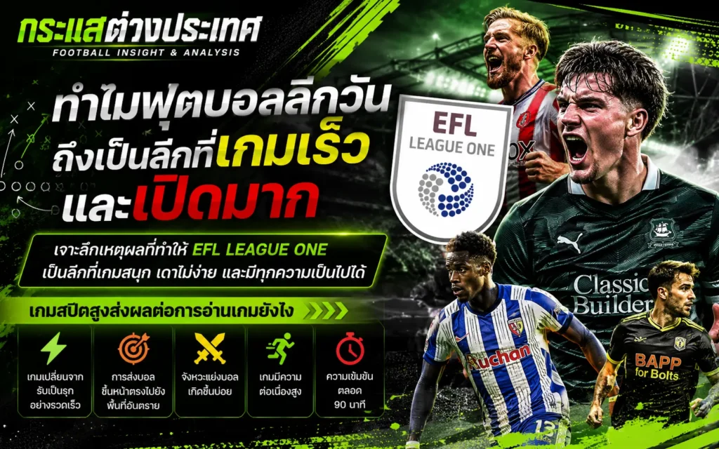 "ทำไมฟุตบอลลีกวันถึงเป็นลีกที่เกมเร็วและเปิดมาก" โดยเพจกระแสต่างประเทศ แสดงภาพแอ็กชันของเหล่านักเตะในศึก EFL League One เคียงข้างตราสัญลักษณ์ประจำลีก และไอคอนสรุปผลกระทบจากเกมสปีดสูง 5 ข้อ