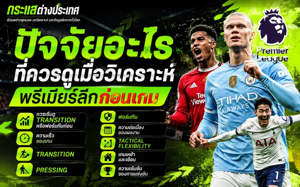 "ปัจจัยอะไรที่ควรดูเมื่อวิเคราะห์พรีเมียร์ลีกก่อนเกม" โดยเพจกระแสต่างประเทศ แสดงภาพแอ็กชันสะใจของ เออร์ลิง ฮาลันด์, มาร์คัส แรชฟอร์ด, และซน ฮึง-มิน เคียงข้างตราสัญลักษณ์พรีเมียร์ลีก และรายการเช็กลิสต์ปัจจัยสำคัญ 9 ด้านที่ควรวิเคราะห์ก่อนเริ่มเกม