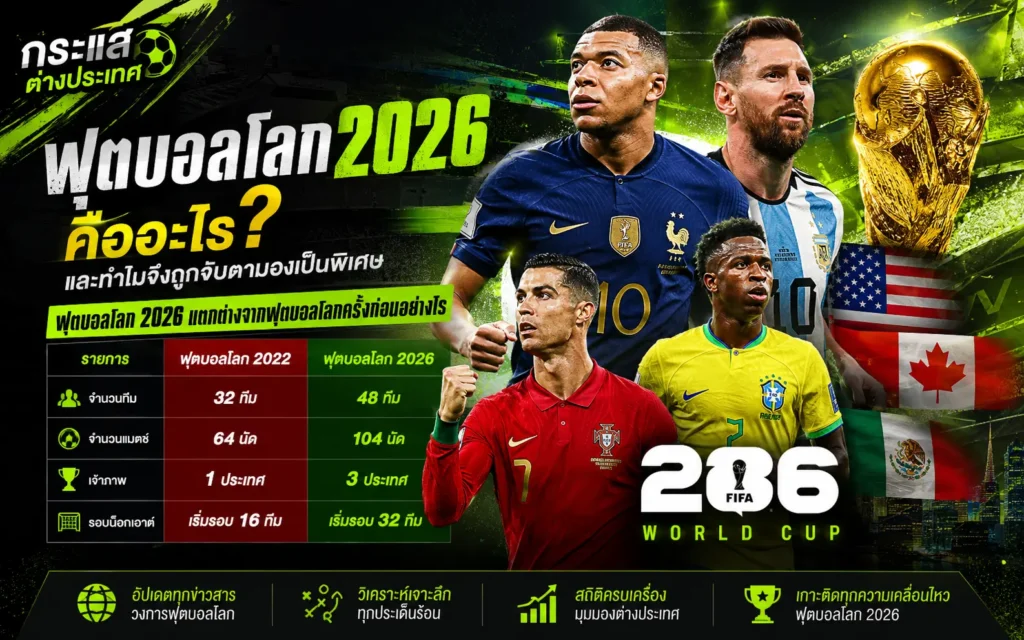 "ฟุตบอลโลก 2026 คืออะไร และทำไมจึงถูกจับตามองเป็นพิเศษ" แสดงตารางข้อแตกต่างระหว่างบอลโลก 2022 และ 2026 พร้อมรูป 4 นักเตะดัง (เอ็มบัปเป้, เมสซี่, โรนัลโด, วินิซิอุส) ถ้วยรางวัลฟีฟ่า และธงชาติเจ้าภาพร่วม สหรัฐอเมริกา แคนาดา เม็กซิโก