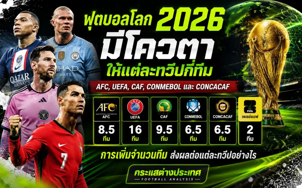 "ฟุตบอลโลก 2026 มีโควตาให้แต่ละทวีปกี่ทีม" แสดงตัวเลขโควตาของสหพันธ์ฟุตบอล AFC, UEFA, CAF, CONMEBOL, CONCACAF และรอบเพลย์ออฟ พร้อมรูปถ้วยรางวัลฟีฟ่าสีทองและกลุ่มนักเตะซูเปอร์สตาร์