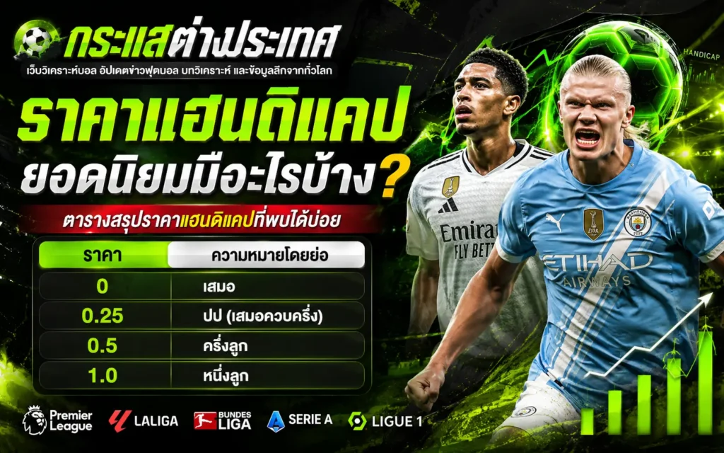 ตารางสรุปราคาแฮนดิแคปฟุตบอลยอดนิยมที่พบได้บ่อย อธิบายความหมายราคาบอลต่อรองเบื้องต้นสำหรับมือใหม่