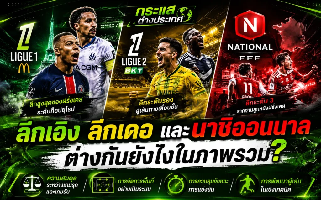 เปรียบเทียบ "ลีกเอิง ลีกเดอ และนาซิออนนาล ต่างกันยังไงในภาพรวม?" แสดงสัญลักษณ์ทางการของ LIGUE 1 McDonald's, LIGUE 2 BKT และ NATIONAL FFF แยกออกเป็น 3 เซกชันสีพร้อมรูปนักเตะแต่ละลีก