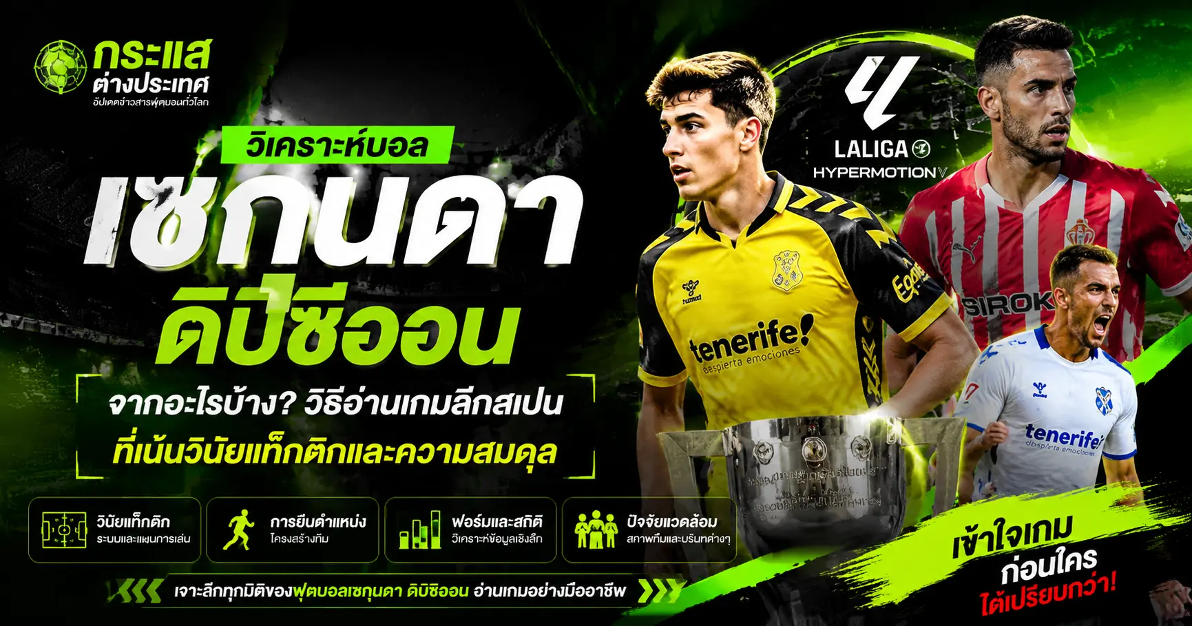 "วิเคราะห์บอลเซกุนดา ดิบิซิออน จากอะไรบ้าง" โดยเพจกระแสต่างประเทศ แสดงภาพคอลลาจของนักเตะสโมสรเตเนริเฟ่เคียงคู่ถ้วยรางวัลแชมป์, โลโก้ทางการ LALIGA HYPERMOTION และไอคอนสรุป 4 แกนหลักในการอ่านเกมลีกรองสเปน