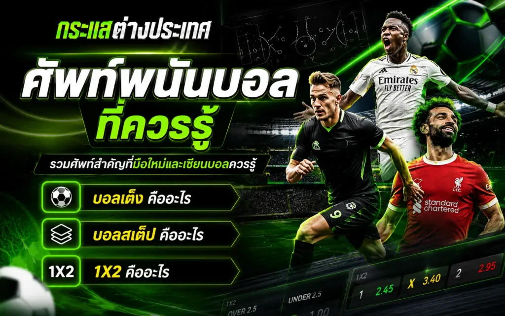 "ศัพท์เกี่ยวกับรูปแบบการเดิมพันฟุตบอล.webp" โดยเพจกระแสต่างประเทศ แสดงภาพนักเตะซูเปอร์สตาร์ 3 คน ได้แก่ วินิซิอุส จูเนียร์, โมฮาเหม็ด ซาลาห์ และนักเตะหมายเลข 9 เคียงข้างเมนูคำศัพท์รูปแบบการเล่น บอลเต็ง บอลสเต็ป และ 1X2