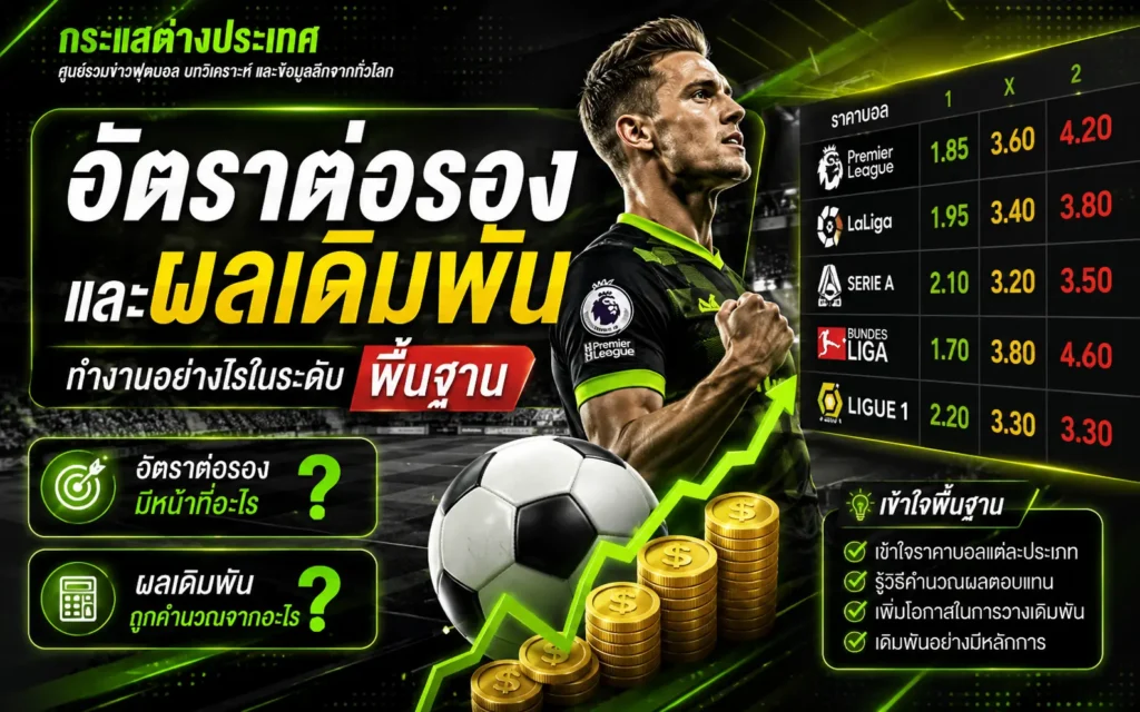 "อัตราต่อรองและผลเดิมพันทำงานอย่างไรในระดับพื้นฐาน" แสดงตารางราคาบอล 1X2 ของลีกใหญ่ยุโรปจำลอง (Premier League, LaLiga, Serie A, Bundesliga, Ligue 1) พร้อมกราฟแสดงแนวโน้มและกองเหรียญทอง