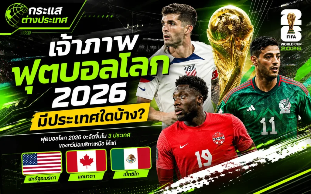 "เจ้าภาพฟุตบอลโลก 2026 มีประเทศใดบ้าง?" แสดงรูปถ้วยรางวัลฟีฟ่าเวิลด์คัพสีทอง โลโก้ทางการพร้อมตัวเลข 2026 ธงชาติป้ายชื่อสี่เหลี่ยมของ 3 ประเทศเจ้าภาพ (สหรัฐอเมริกา แคนาดา เม็กซิโก) และภาพไดคัทนักฟุตบอลตัวแทนทีมชาติ
