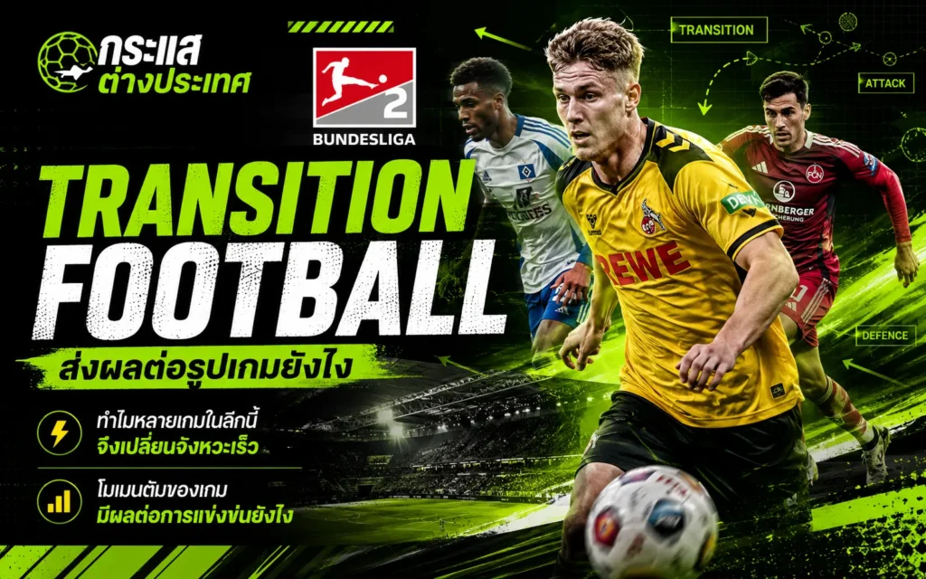 "TRANSITION FOOTBALL ส่งผลต่อรูปเกมยังไง" ของลีก Bundesliga 2 โทนสีดำ-เขียว มีภาพนักเตะสามคนกำลังวิ่งและเลี้ยงลูกบอลในสนาม