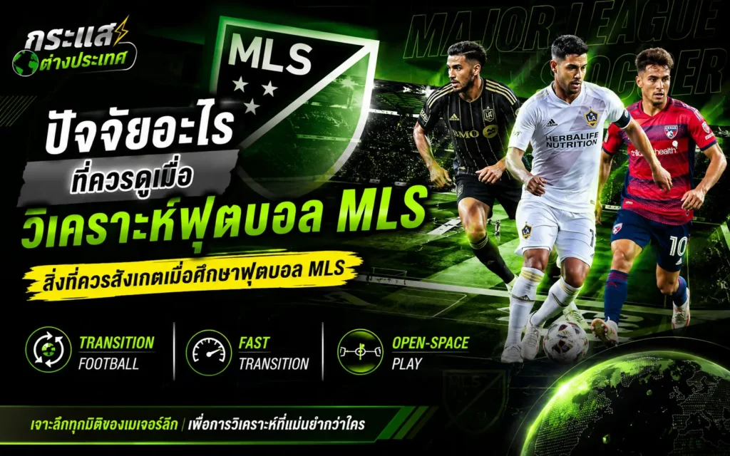 ภาพประกอบบทความวิเคราะห์ฟุตบอล MLS แสดงปัจจัยสำคัญก่อนการแข่งขัน เช่น การเปลี่ยนเกม ความเร็วในการเข้าทำ และการใช้พื้นที่ว่าง