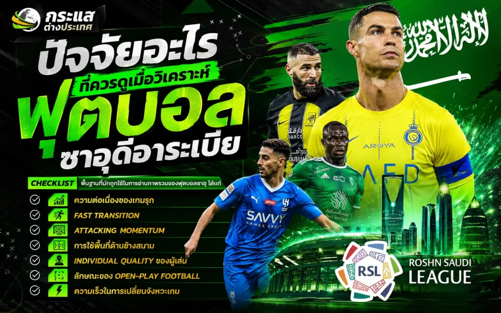 ปัจจัยที่ควรดูเมื่อวิเคราะห์ฟุตบอลซาอุดีอาระเบีย ได้แก่ ความต่อเนื่องของเกมรุก การเปลี่ยนเกมเร็ว การใช้พื้นที่ริมเส้น ความสามารถเฉพาะตัวของนักเตะ และฟอร์มล่าสุดของทีม