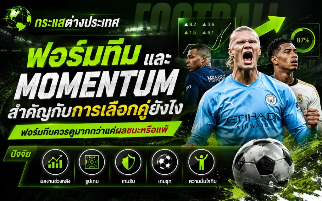 อินโฟกราฟิกอธิบายความสำคัญของฟอร์มทีมและ Momentum ในการวิเคราะห์ฟุตบอล พร้อมปัจจัยที่ควรพิจารณาก่อนเลือกคู่แข่งขัน