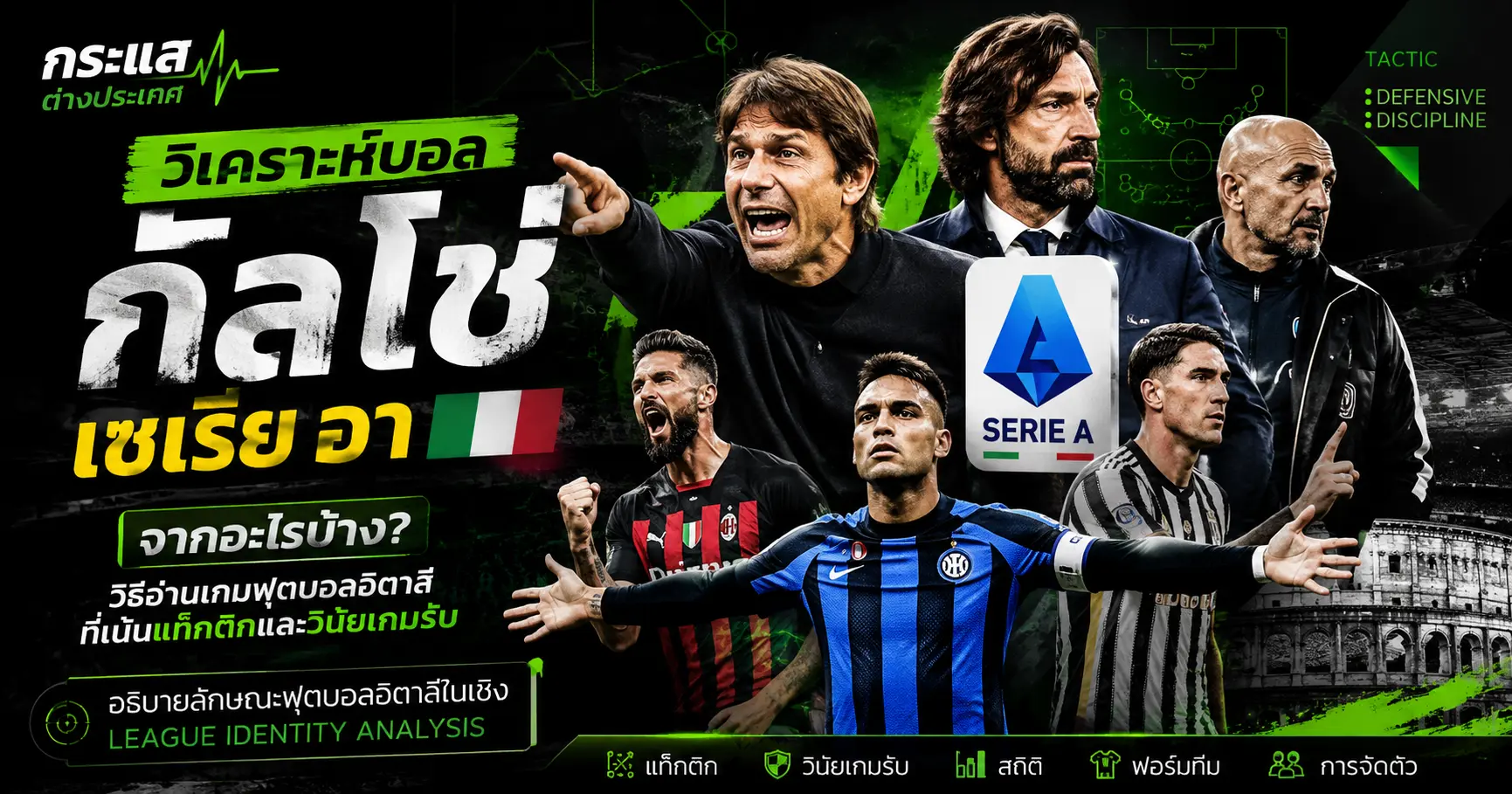 วิเคราะห์บอลกัลโช่ เซเรีย อา อิตาลี หัวข้อวิธีอ่านเกมฟุตบอลอิตาลีที่เน้นแท็กติกและวินัยเกมรับ พร้อมภาพโค้ชและนักเตะชื่อดัง