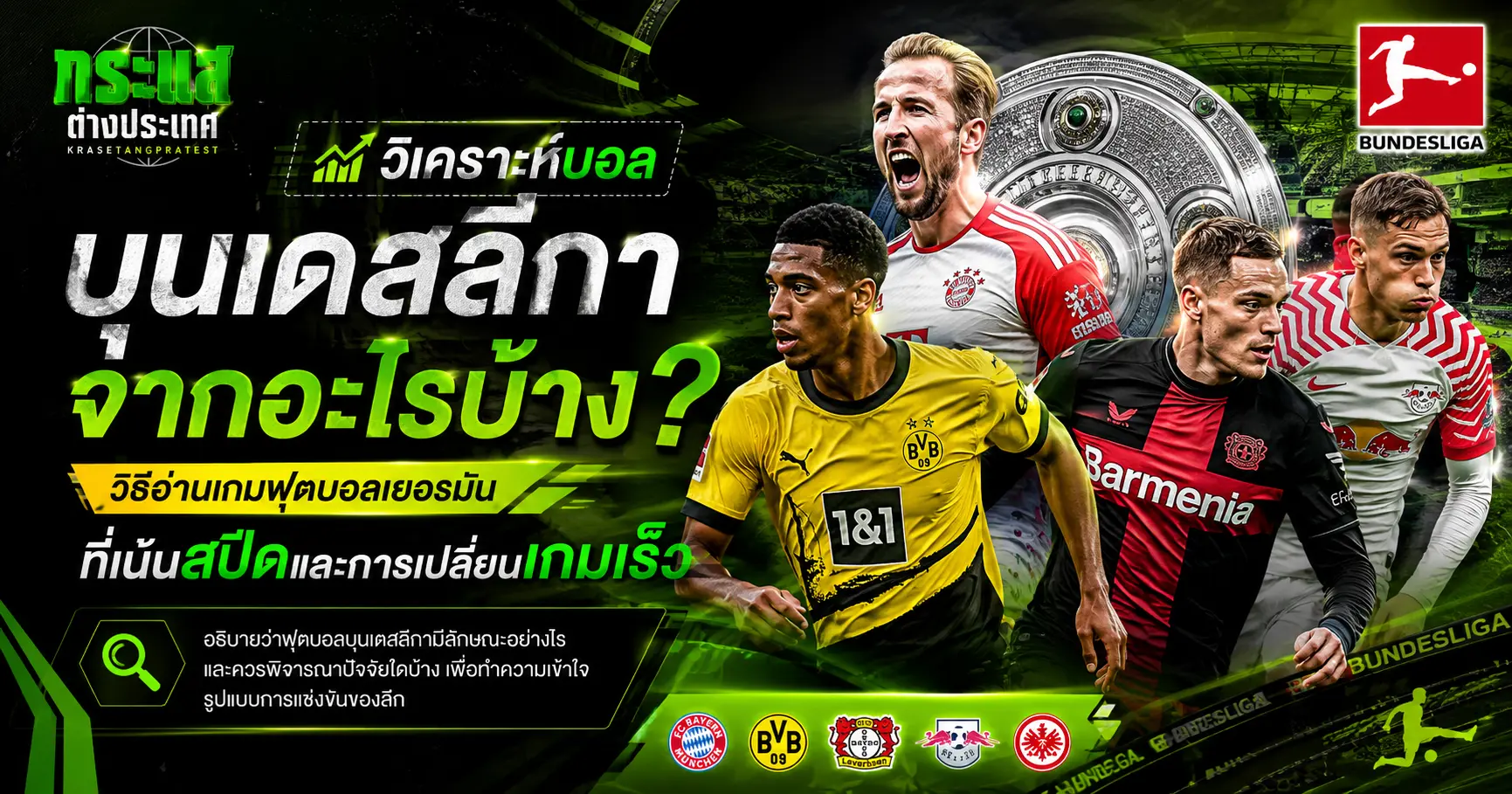 วิเคราะห์ฟุตบอลเยอรมัน หัวข้อ "วิเคราะห์บอลบุนเดสลีกาจากอะไรบ้าง?" โทนสีดำ-เขียว มีรูปถาดแชมป์บุนเดสลีกา และกลุ่มนักเตะซูเปอร์สตาร์ เช่น แฮร์รี เคน, จู๊ด เบลลิงแฮม, ฟลอเรียน เวียร์ตซ์